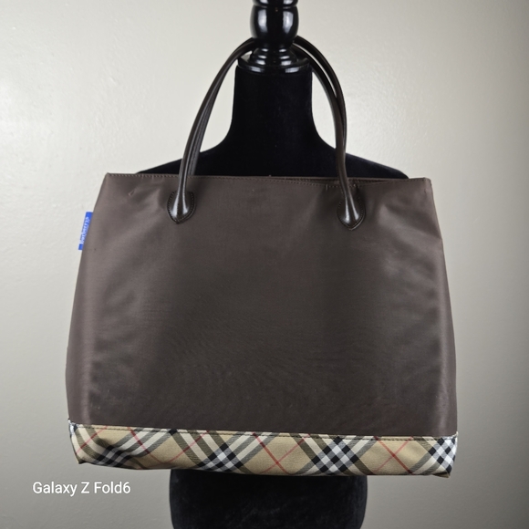 Burberrys Blue Label Nylon Plaid Trim Tote Bag Brown Japan Exclusive Discontinue - Picture 1 of 16